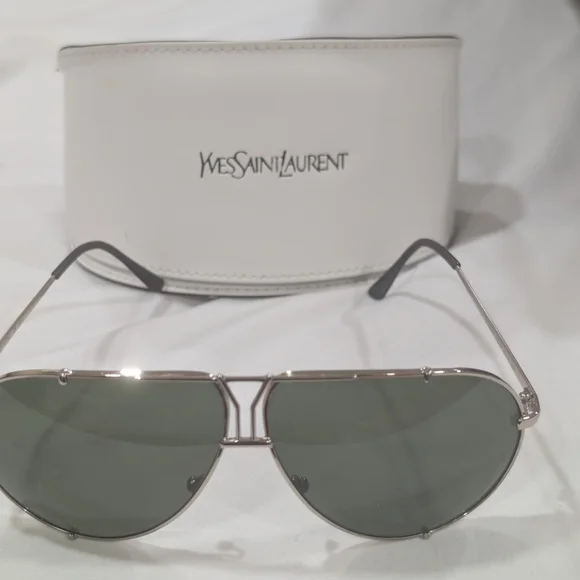 Yves Saint Laurent Silver Sunglasses with Green Lenses - Picture 2 of 5
